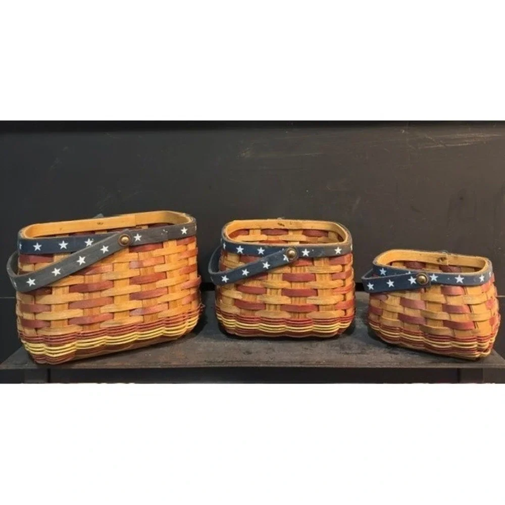 Americana Patriotic Basket Set of 3 Star Handle Woven Wood Nesting Unbranded